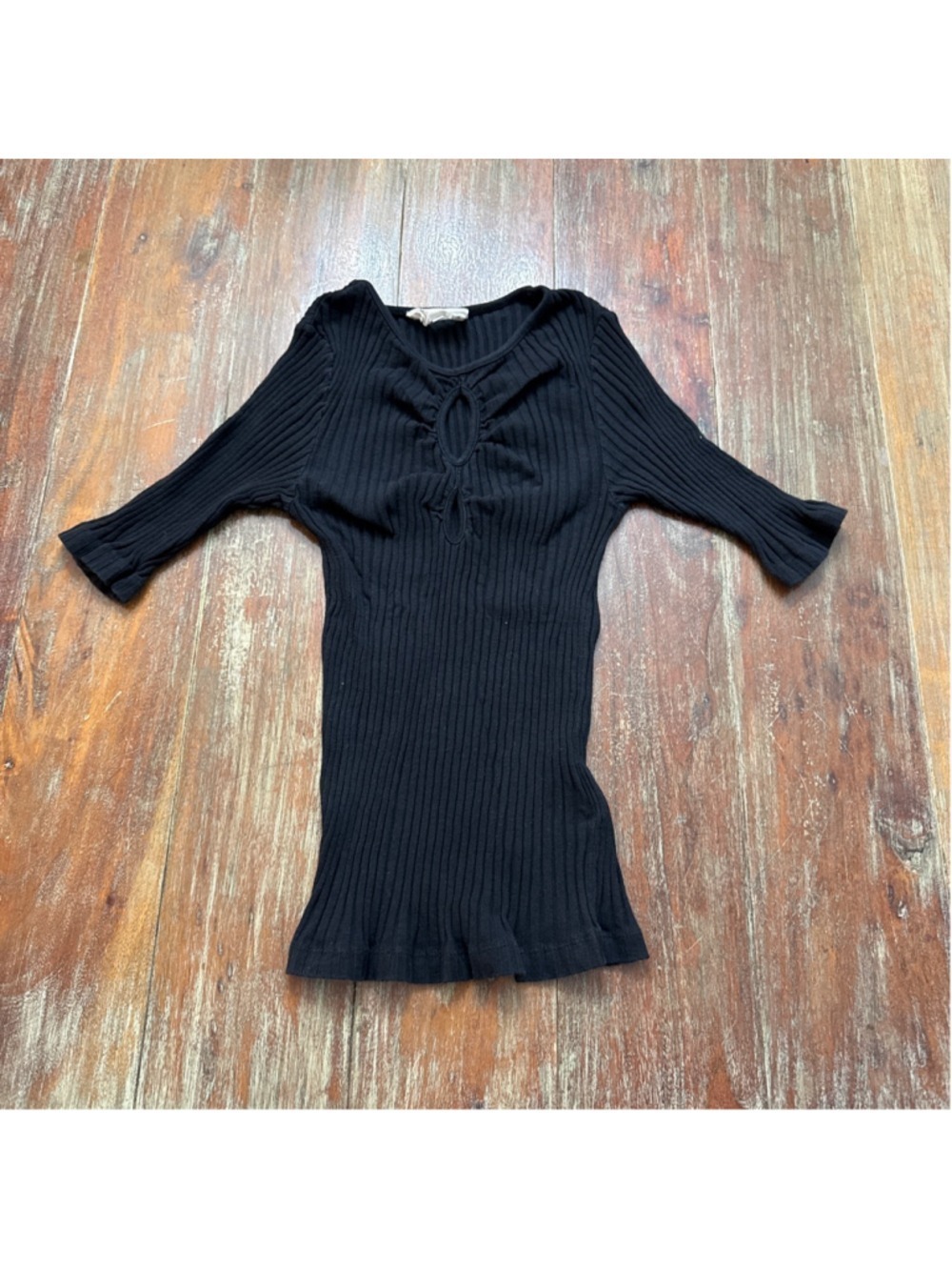 ba&sh Y2K Black Ribbed Knit Top Size 2 US M Double Keyhole Cutout Elbow Sleeve
